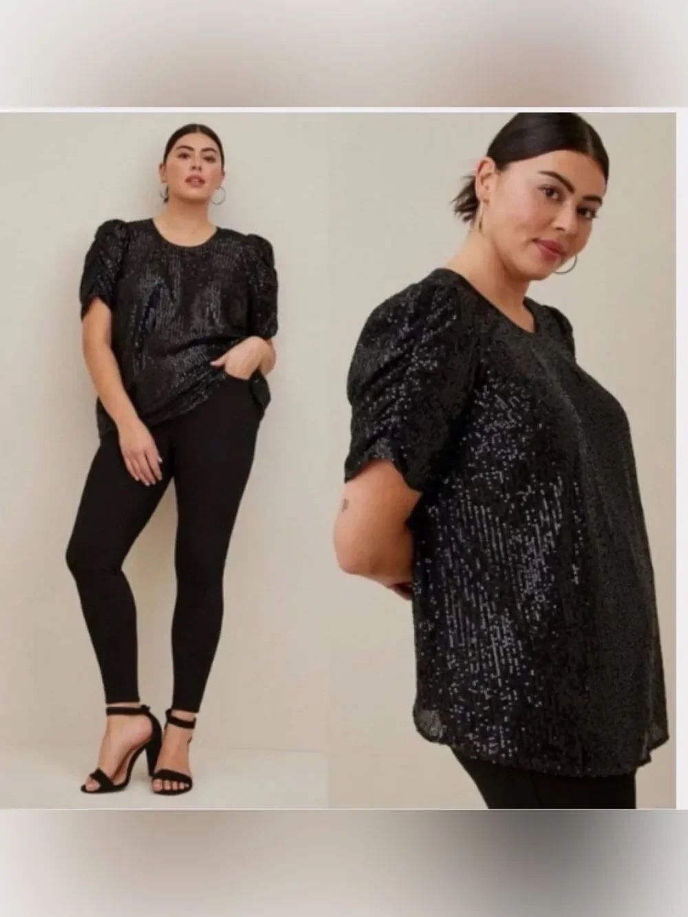 NWT torrid Black Sequin Ruched Caterpillar Sleeve Top - Size 2